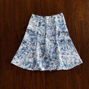 Linen Casual White and Blue Floral Midi Skirt